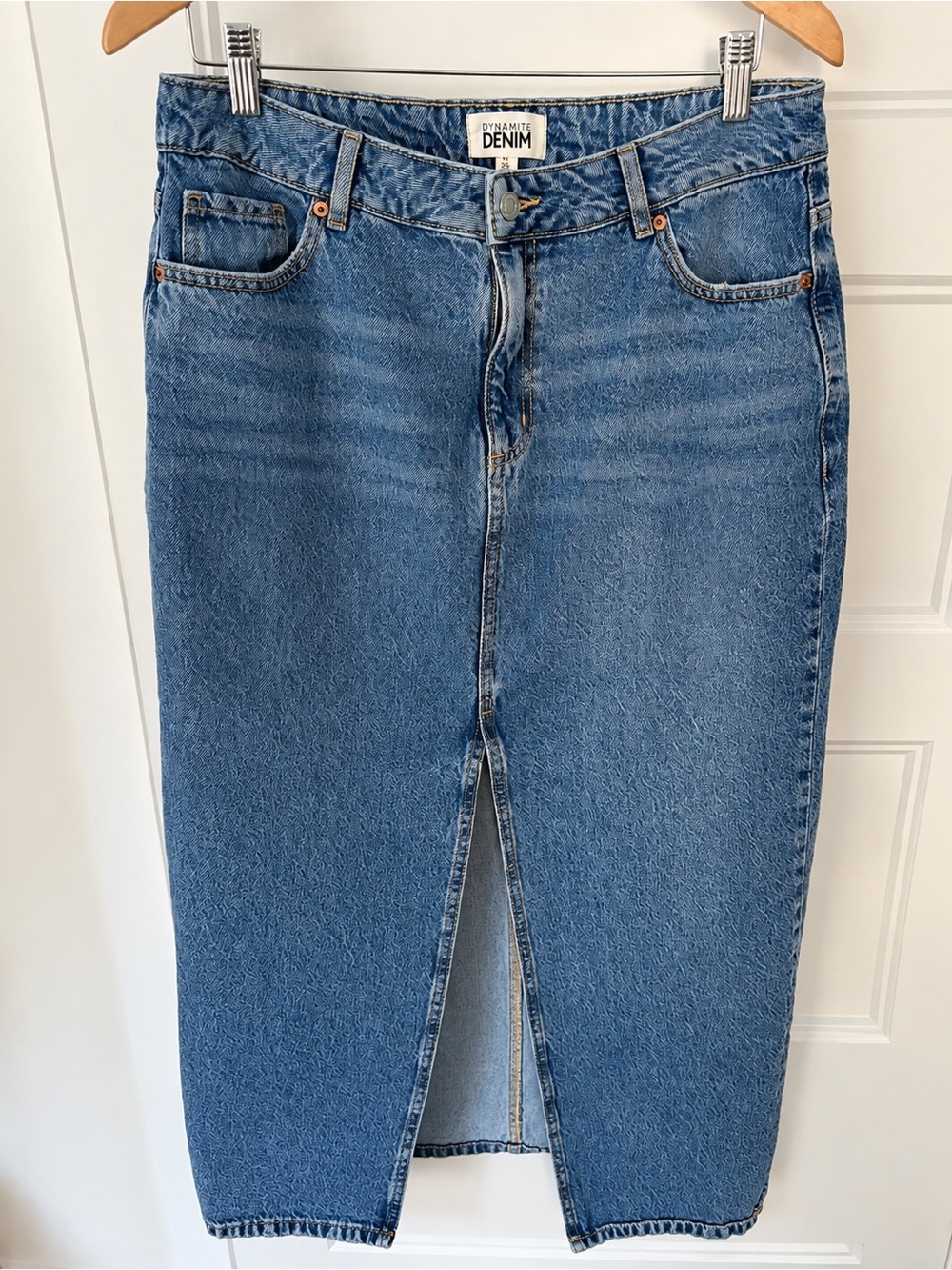 Dynamite Blue Straight-Leg Denim Midi Skirt